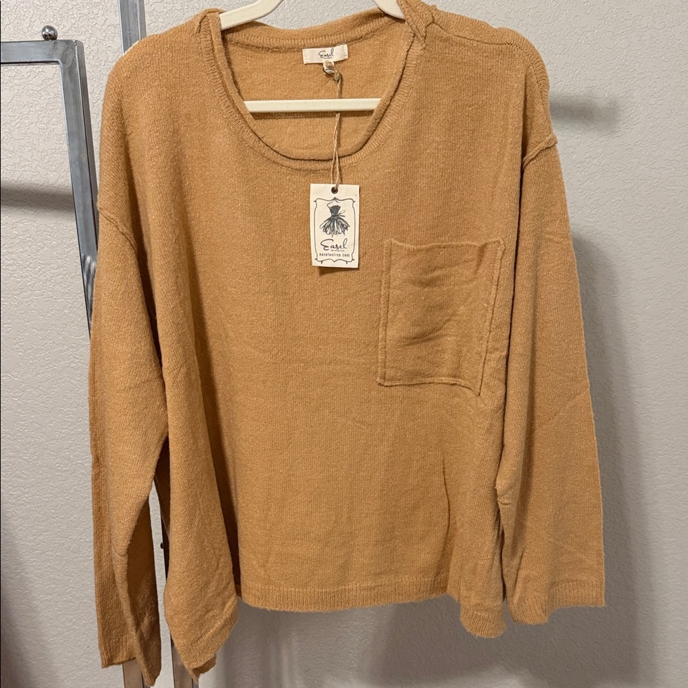Casual Tan Long Sleeve Sweater with Pocket